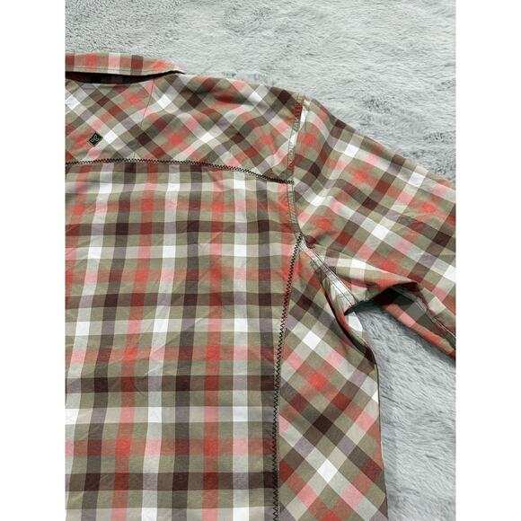 Prana Shirt Mens XL Red Brown White Plaid Slim Fit Polyester Button Up Outdoor - Picture 8 of 13